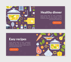 Canvas Print - Healthy Dinner, Easy Recipes Landing Page Templates Set, Online Cooking Web Page, App, Website Vector Illustration