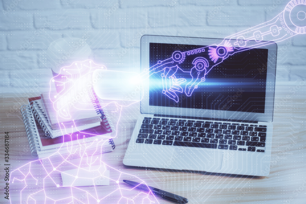 Computer on desktop with AR theme icon. Multi exposure. Concept of ...