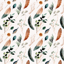 Feather And Foliage Watercolor Seamless Pattern