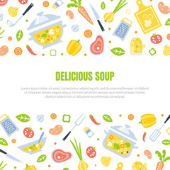 Sticker - Delicious Soup Banner Template with Kitchenware and Healthy Fresh Products for Cooking Pattern Vector Illustration