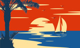 Fototapeta Zachód słońca - Tropical sea sunset or sunrise with palm tree and yacht. Nature landscape and seascape.