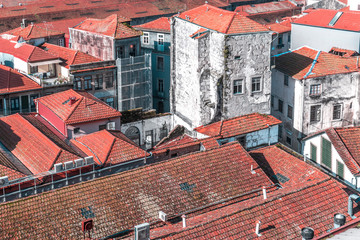 Narrow city streets between red tiled roofs of old houses, Vila Nova de Gaia, Nov.2019