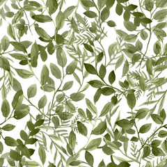 Wall Mural - Watercolor botanical seamless pattern with fresh green leaves, greenery and foliage, isolated on white background. Hand drawn leaf, herbs, stems, branches. Natural print for design. Floral texture