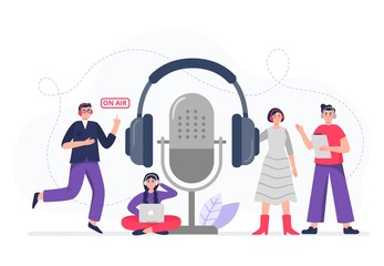 Podcasting. Podcasters with headphones, radio hosts recording podcasts. The cool team gets ready to be on air. Flat vector illustration.