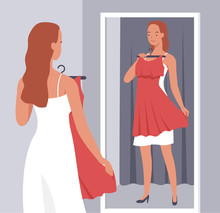 Beautiful Woman Trying On Red Dress In Front Of Mirror In The Fitting Room. Vector Illustration In A Flat Style