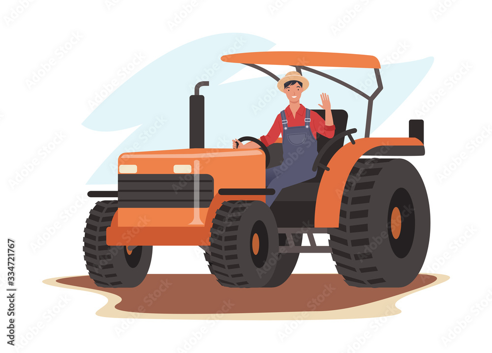 Smiling farmer driving a tractor and waving hello. Vector illustration ...