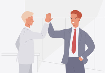 Two businessman giving high five. Men friendly greeting. Vector illustration in a flat style