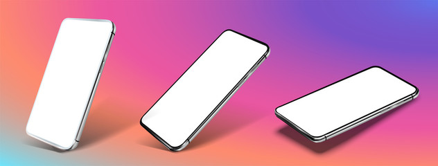 Aufkleber - Smartphone frame less blank screen, rotated position. Smartphone from different angles. Mockup generic device. Vector smartphones set.Template for infographics or presentation 3D realistic phones. UX