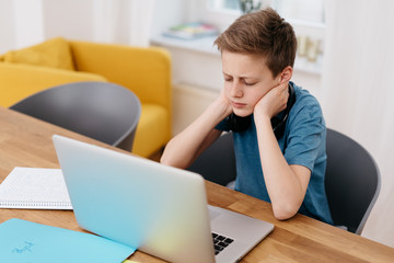 Wall Mural - Young boy concentrating on his e-learning