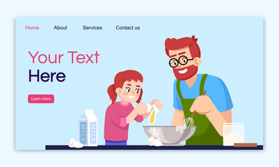 Wall Mural - Cooking with kids landing page vector template. Home culinary website interface idea with flat illustrations. Preparing dinner together homepage layout. Family leisure cartoon web banner, webpage