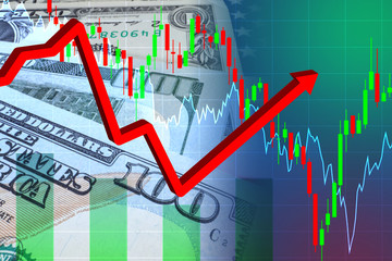 Rebound after the collapse of the economy. Financial charts. Charts symbolize fluctuations in the economy. Chart on the background of the dollar. Rebound after the collapse of the financial sector