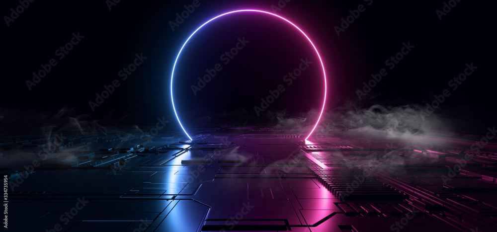 Smoke SCi Fi Futuristic Metal Reflective Schematic Textured Motherboard Floor Realistic Modern Neon Glowing Laser Circle Blue Purple Electric Shape Empty Background 3D Rendering - obrazy, fototapety, plakaty 