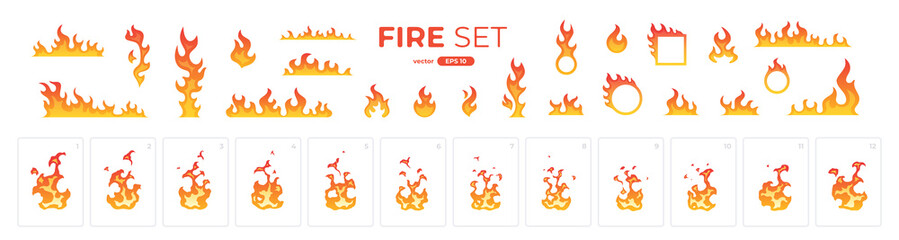 Fire flame set isolated. Icons. Flat style vector illustration. Flame, fire, torch, campfire. Cute cartoon design. Orange and yellow colors. Realistic template.