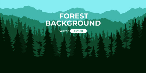 Seamless forest landscape. Colorful silhouette with trees, pines, firs, mountains and hills. Layered background with parallax effect. Flat style vector illustration. Simple cartoon design.