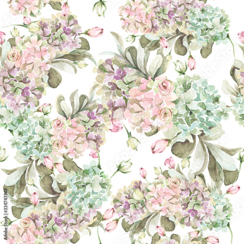 Dekoracja na wymiar  hand-painted-watercolor-provence-floral-pattern-with-flowers-of-pink-roses-and-hydrangea-foliage-romantic-seamless-pattern-perfect-for-fabric-textile-vintage-paper-or-scrapbooking