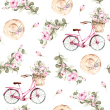 Hand Painted Watercolor Seamless Pattern With Hat, Peony Flowers, Pink Bicycle With A Basket Of Flowers. Provence Style