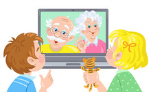 Grandchildren Communicate With Their Grandparents Via Video Link. Video Chat Online. Internet Connection During Quarantine. In Cartoon Style. Vector Illustration