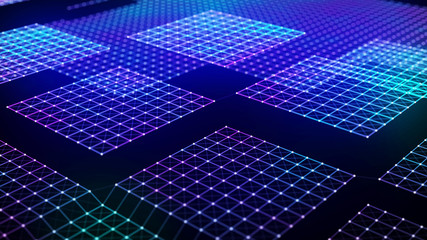 Poster - Cybernetic futuristic background. Big data visualization. Technological 3D landscape. 3D rendering.