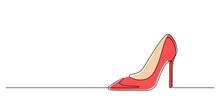 Red High-heeled Shoe In Continuous Line Art Drawing Style. Elegant Women Stiletto Heels Isolated On White Background. Vector Illustration
