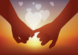 Concept du sentiment amoureux avec un couple qui fusionne en se donnant la main et en formant des cœurs.
