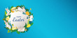 © MySunShine - Happy Easter round banner with rabbits, eggs, leaves, flowers, butterflies. Cute easter card with white hares on bright blue background. For festive invitation, design elements. Vector illustration.