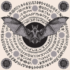 Vector hand-drawn banner with scare bat, coronavirus cells and runes. A magic mandala or amulet with dangerous COVID-19 virions and doodles that imitate magic symbols but do not give information