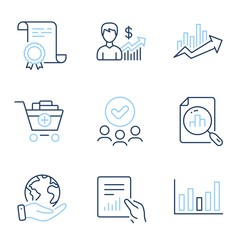 Wall Mural - analytics graph, growth chart and document line icons set. diploma certificate, save planet, group o
