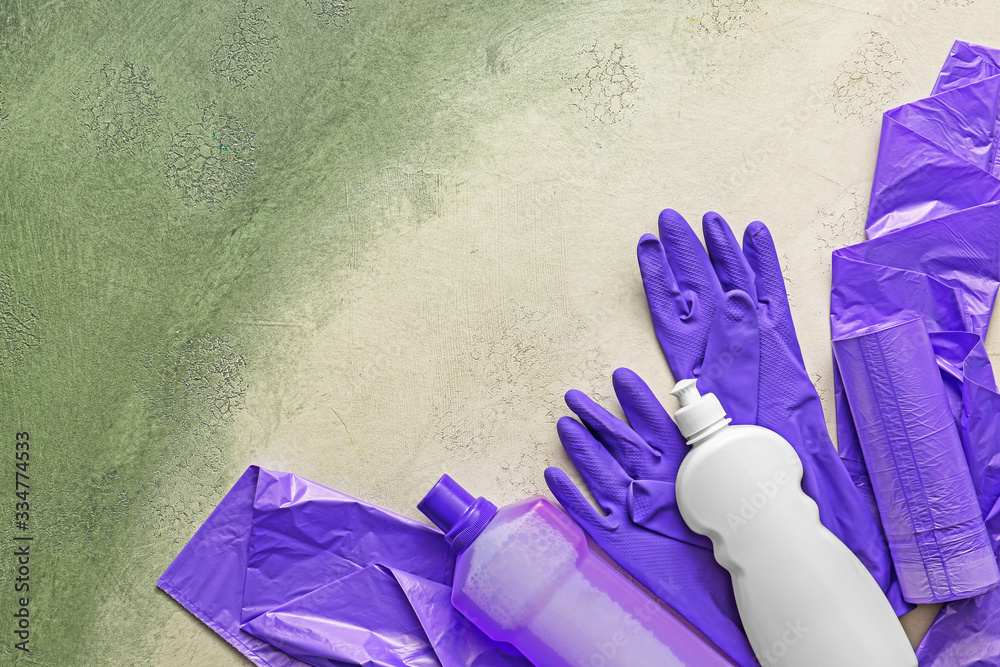 Set of cleaning supplies on light background