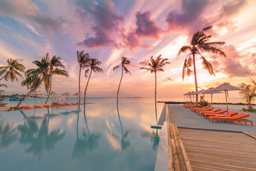 Wall Mural - Beautiful sunset at a beach in tropics. Summer landscape vacation or travel landscape under amazing colorful sky. Luxury lifestyle with infinity swimming pool, beach resort hotel, palms sun beds