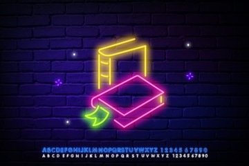 Wall Mural - Books on shelf neon sign. Various colorful in row on shelf. Night bright advertisement. Vector illustration in neon style for literature and library