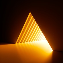 3d Render, Abstract Background, Bright Yellow Neon Light Shining Out Of The Triangular Hole In The Wall. Magical Tunnel Entrance, Cave Door, Window, Portal. Dramatic Scene. Minimal Concept