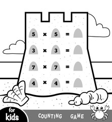 Counting Game for Preschool Children. Educational a mathematical game. Tasks for multiplication on the background of a sand castle