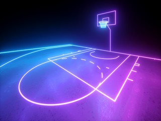 3d render, violet blue glowing neon light, part of the basketball virtual playground, sport field sc