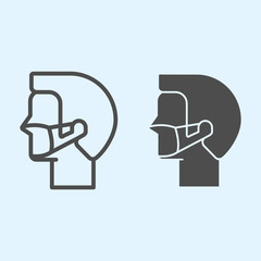 Poster - Person head with mask line and solid icon. Man in mask for protect virus outline style pictogram on white background. Coronavirus prevention methods for mobile concept and web design. Vector graphics.