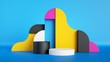 canvas print picture - 3d render, abstract colorful primitive geometric shapes, empty showcase, blank product display mockup with round stage, cylinder podium, pedestal, copy space. Pink, blue, yellow, black assorted blocks