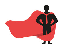 Superhero Icon - Vector Black Superhero Silhouette Wearing Red Cloak Flying On Wind. Superman With Strong Arm Posing. Strong Man As Fitness Sign, Masculinity Symbol, Protection Emblem. Eps 10.