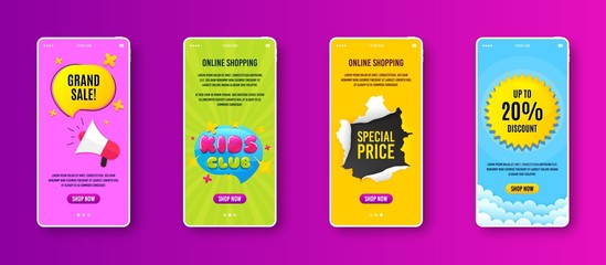 Kids club icon. Phone screen banner. Fun playing zone banner. Children games party area icon. Sale banner on smartphone screen. Mobile phone web template. Kids club promotion. Vector