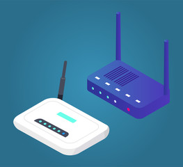 Poster - Wifi router with antenna wireless device isolated. Modern internet connection equipment and application symbol. Web network zone for public using. Online hardware electronic sign vector, isometric