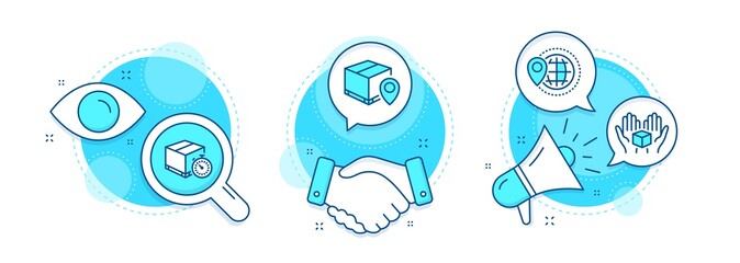 Poster - hold box, delivery timer and parcel tracking line icons set. handshake deal, research and promotion 