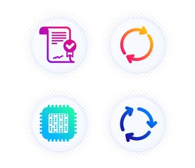 Poster - Full rotation, Cpu processor and Approved agreement icons simple set. Button with halftone dots. Recycling sign. Refresh or reload, Computer component, Verified document. Reduce waste. Vector
