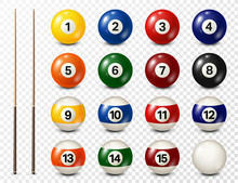 Billiard, Pool Balls With Numbers Collection. Realistic Glossy Snooker Ball. White Background. Vector Illustration.