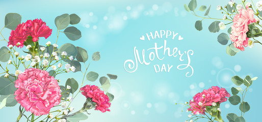 Wall Mural - Inscription Happy Mothers Day with bunch of red and pink carnations, eucalyptus branches and white gypsophila on a blue pastel background. Template for greeting card, banner, poster, voucher design