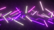 Purple And White Neon Fluorescent Lights Suspended From Ropes. Modern Lighting. 3d Illustration
