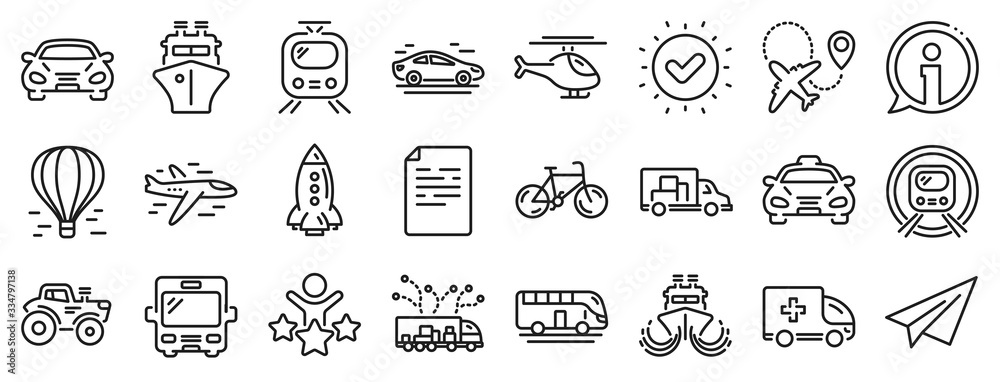 Taxi, Helicopter and subway train icons. Transport line icons. Truck car, Tram and Air balloon transport. Bike, Airport airplane and Ship, subway. Travel bus, ambulance car, paper airplane. Vector - obrazy, fototapety, plakaty 