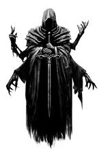A Creepy Ghost With Six Hands In A Sinister Hood In Which There Is A Black Void, He Hovers In The Air, Holding A Long Sword In His Hands .2D Illustration.