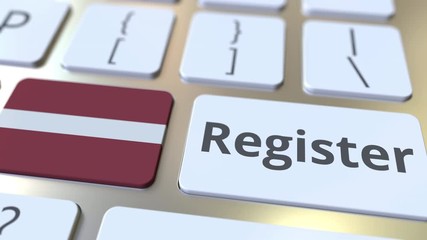 Register text and flag of Latvia on the keyboard. Online services related 3D animation