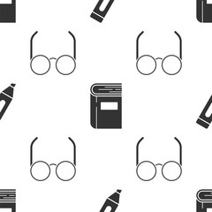 Sticker - Set Marker pen, Book and Glasses on seamless pattern. Vector