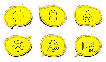 Aufkleber - Scroll down sign. Diploma certificate, save planet chat bubbles. Full rotation, Multichannel and Share line icons set. Refresh or reload, Multitasking, Referral person. Swipe arrow. Vector