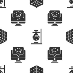 Sticker - Set Rubik cube, Glass test tube flask on fire and Monitor with graduation cap on seamless pattern. Vector