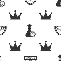 Sticker - Set Casino signboard, Money bag and casino chips and Crown on seamless pattern. Vector